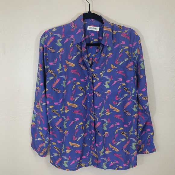 Bogari Tops - Vtg 80s Bogari Silk Blouse Heels shoes pattern M/L
